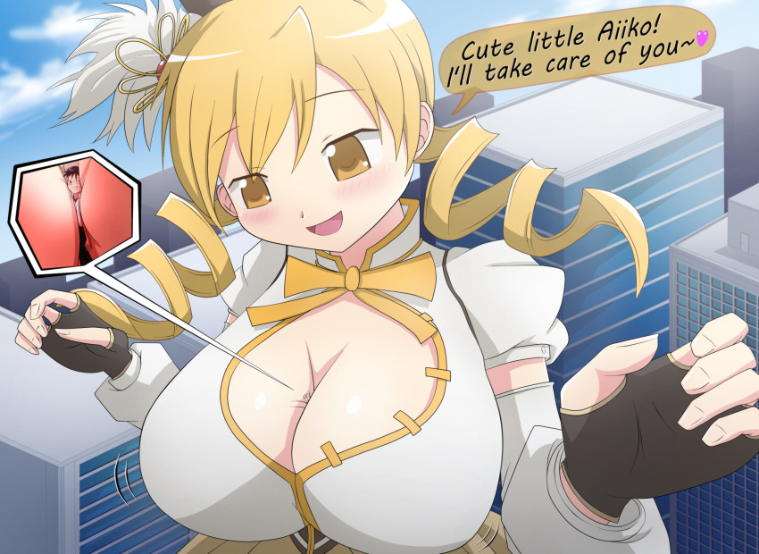 1boy absurdres black_gloves blonde_hair breasts city cleavage cleavage_cutout clothing_cutout commentary english_commentary english_text eyes_visible_through_hair female fingerless_gloves giant giantess gloves heart highres jenny_secret large_breasts magical_girl mahou_shoujo_madoka_magica mahou_shoujo_madoka_magica_(anime) open_mouth person_between_breasts ribbon size_difference smile speech_bubble spoken_heart tomoe_mami tomoe_mami_(magical_girl) yellow_eyes