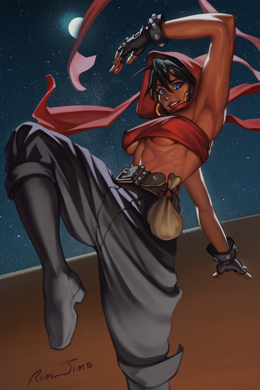 abs blue_eyes boots breasts dark_skin dungeons_&_dragons dungeons_&_dragons:_shadow_over_mystara earrings female gloves highres hood jewelry looking_down moon moriah night night_sky rim_jims scarf sky smile solo thief toned underboob