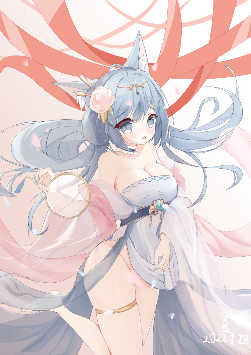 absurdres animal_ear_fluff animal_ears asashio_(azur_lane) asashio_(robes_of_dancing_clouds)_(azur_lane) azur_lane bad_id bad_pixiv_id bare_shoulders blue_choker blue_eyes blue_hair blue_nails breasts choker cleavage convenient_censoring dated female floating_hair flower hair_between_eyes hair_flower hair_ornament hand_fan highres holding holding_fan large_breasts long_hair looking_at_viewer mofox nail_polish no_panties official_alternate_costume oppai_loli red_ribbon ribbon solo standing standing_on_one_leg thigh_strap transparent_fan tuanshan wide_sleeves