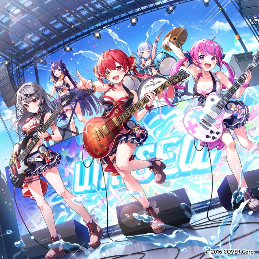 5girls amplifier band bass_guitar breasts concert drum drum_set drumsticks electric_guitar feet fins fish_tail foot_out_of_frame gawr_gura guitar hair_ornament highres holding holding_drumsticks holding_instrument hololive hololive_english hololive_summer_2023_swimsuit houshou_marine instrument keyboard_(instrument) large_breasts legs medium_breasts minato_aqua multiple_girls music nail_polish ninomae_ina'nis official_art one_eye_closed pisuke_wan playing_bass playing_instrument sakamata_chloe sandals shark_girl shark_hair_ornament shark_tail small_breasts stage stage_lights tail tentacle_hair toeless_footwear toenail_polish toenails toes umisea virtual_youtuber water