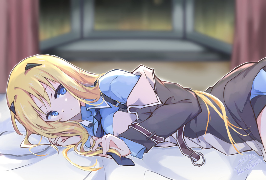 baldr_(series) baldr_sky black_jacket blonde_hair blue_eyes blue_necktie blue_shirt blurry blurry_background blush breasts collared_shirt female highres jacket kirishima_rain long_hair looking_up lying medium_breasts necktie on_bed on_side parted_lips shirt solo usetsusakon2 very_long_hair