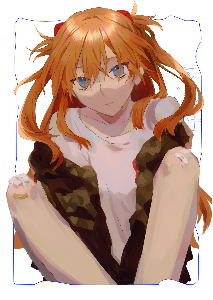 absurdres bandaid bandaid_on_knee bandaid_on_leg blue_eyes brown_jacket character_name closed_mouth collarbone commentary_request expressionless eyes_visible_through_hair female highres interface_headset jacket kineta knees_up long_hair looking_at_viewer neon_genesis_evangelion off_shoulder open_clothes open_jacket orange_hair shirt sitting solo souryuu_asuka_langley white_background white_shirt