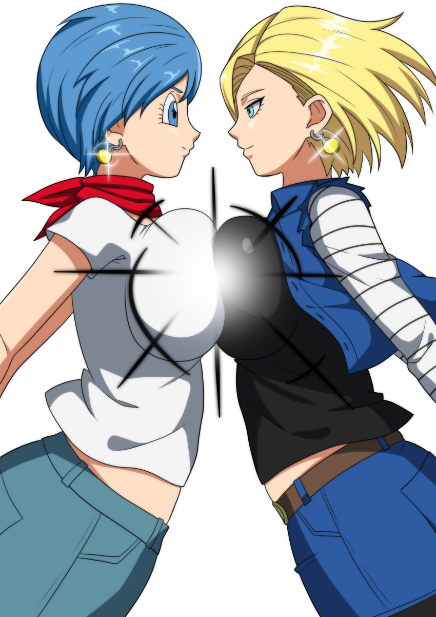 2girls absurdres android android_18 belt blonde_hair blue_eyes blue_hair blue_skirt blue_vest breast_press breasts breasts_squeezed_together bulma_briefs closed_mouth commission dragon_ball dragon_ball_super dragon_ball_z earrings eighteenetzel eye_contact fusion highres implied_yuri jewelry large_breasts looking_at_another midriff_peek multicolored_hair multiple_girls pantyhose pixiv_commission potara_earrings red_scarf scarf shirt short_hair simple_background skirt smile symmetrical_docking vest white_background white_shirt yuri