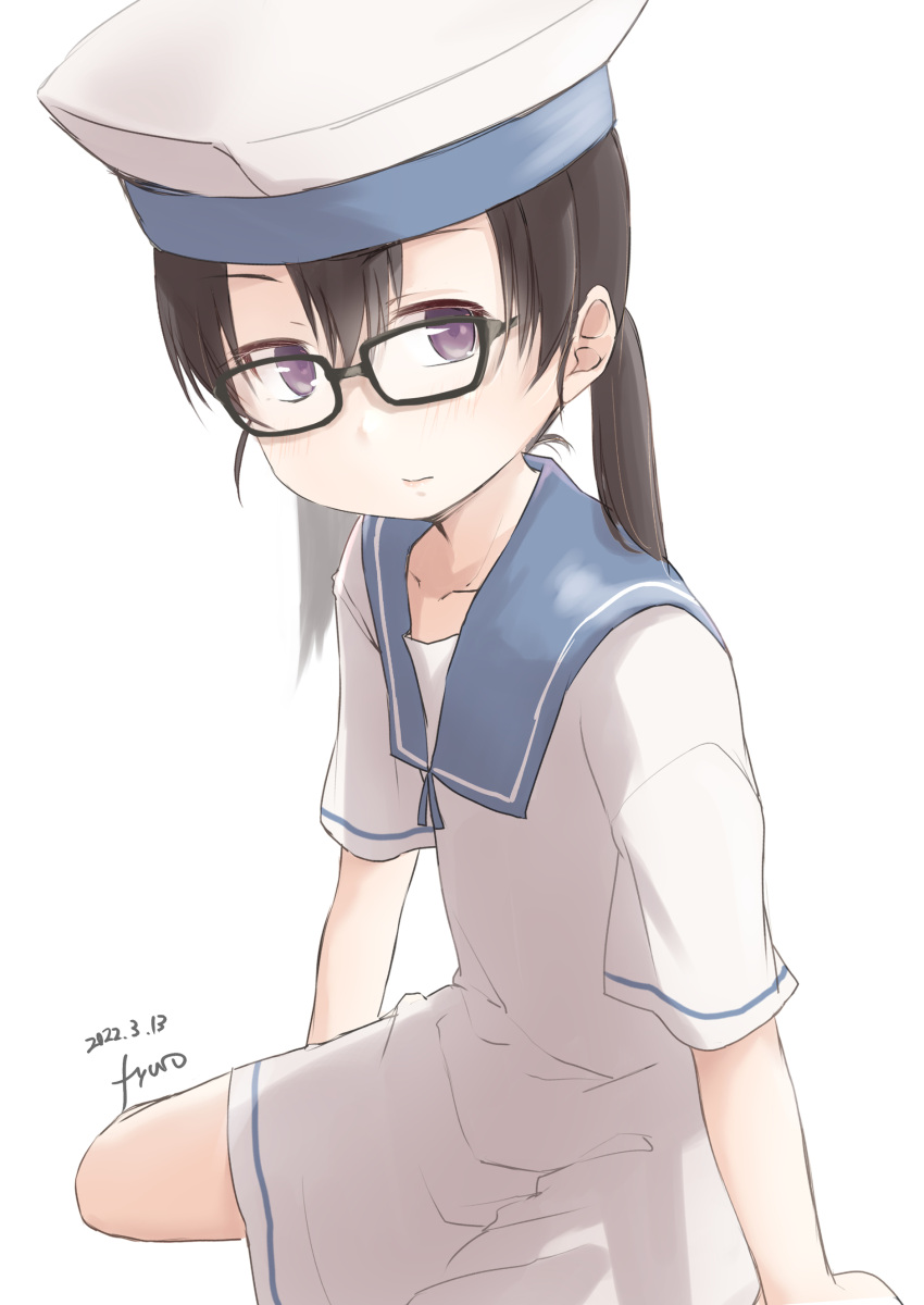 absurdres bespectacled black_hair blue_collar collar dated dress female fyuo glasses hat highres kantai_collection one-hour_drawing_challenge purple_eyes sailor_dress sailor_hat short_hair short_sleeves shounan_(kancolle) signature simple_background solo twintails white_background white_dress white_hat white_legwear