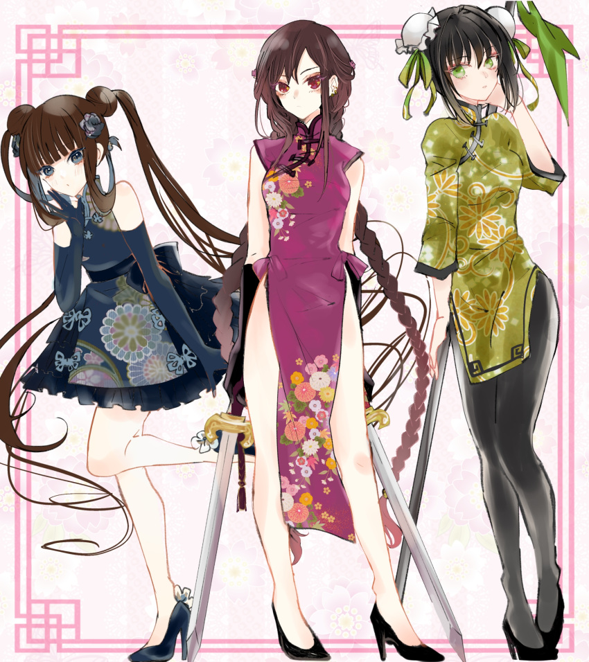 3girls asa_(1asa-0-asa1) bad_id bad_pixiv_id bare_shoulders black_gloves black_hair black_legwear blue_dress blue_eyes blue_gloves blush braid breasts brown_hair bun_cover cherry_blossom_print china_dress chinese_clothes chrysanthemum_print double_bun dress dual_wielding earrings elbow_gloves fate/grand_order fate_(series) floral_print flower full_body gloves green_dress green_eyes green_ribbons hair_bun hair_flower hair_ornament hair_ribbon high_heels highres holding jewelry kikumon large_breasts long_hair long_sleeves looking_at_viewer medium_breasts multiple_earrings multiple_girls pantyhose polearm purple_dress qin_liangyu_(fate) red_eyes ribbon sidelocks spear sword twin_braids twintails very_long_hair weapon yang_guifei_(fate) yu_mei-ren_(fate)