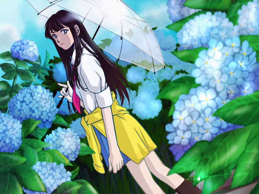 absurdres black_hair black_socks blue_skirt elielin female flower grass highres hydrangea kneehighs koi_wa_ameagari_no_you_ni long_hair necktie outdoors pink_necktie shirt skirt socks solo standing tachibana_akira thighs transparent transparent_umbrella umbrella white_shirt