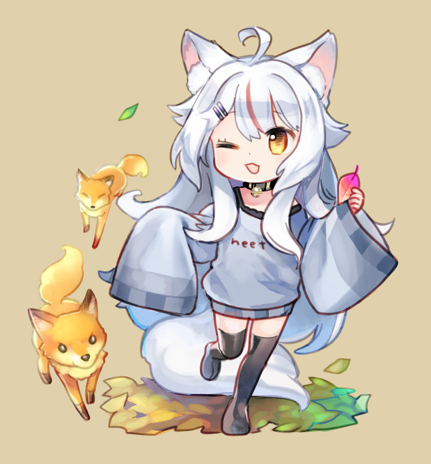 absurdres ahoge animal_ears autumn_leaves commission commissioner_upload female fox fox_ears fox_girl fox_tail hagihiyo_(artist) highres indie_virtual_youtuber kamiko_kana long_hair multicolored_hair one_eye_closed skeb_commission smile solo streaked_hair tail thighhighs very_long_hair very_long_sleeves virtual_youtuber white_hair yellow_eyes