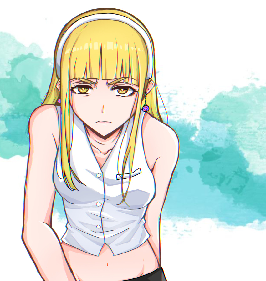 absurdres angry blonde_hair collarbone crop_top cropped_shirt earrings female headband highres ignis_(artist) jewelry long_hair midriff nagi_(ignis) navel original self-upload shirt white_headband white_shirt yellow_eyes