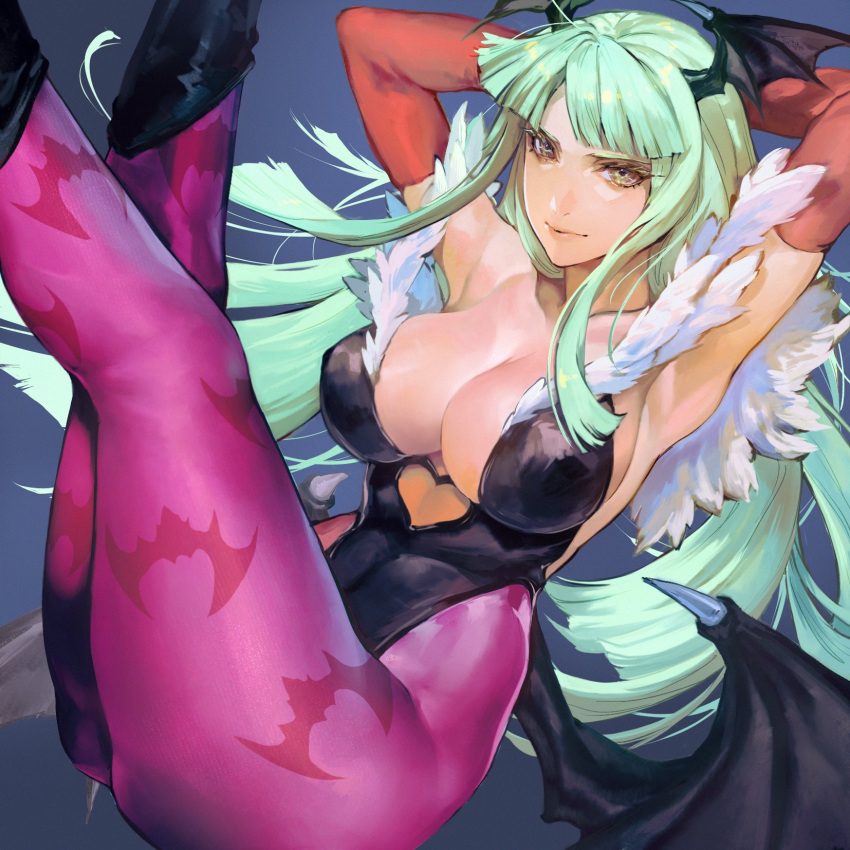 animal_print armpits arms_behind_head bat_print bat_wings black_footwear black_wings boots breasts bridal_gauntlets cleavage clothing_cutout commentary_request demon_girl female green_hair head_wings heart_cutout highres hime_cut kin_mokusei large_breasts legs_up leotard long_hair low_wings morrigan_aensland pantyhose print_pantyhose purple_pantyhose simple_background solo vampire_(game) wings yellow_eyes