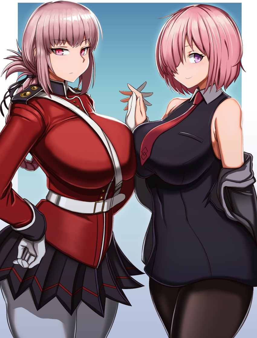 2girls belt black_pantyhose breast_press breasts clothes_pull commission dress expressionless fate/grand_order fate_(series) florence_nightingale_(fate) folded_ponytail gloves hair_over_one_eye hand_on_own_hip highres holding_hands huge_breasts interlocked_fingers jacket jacket_pull large_breasts long_hair mash_kyrielight military military_uniform miniskirt multiple_girls pantyhose pink_eyes pink_hair pleated_skirt purple_eyes short_dress short_hair skirt sleeveless sleeveless_dress smile standby symmetrical_docking uniform white_belt white_gloves white_legwear