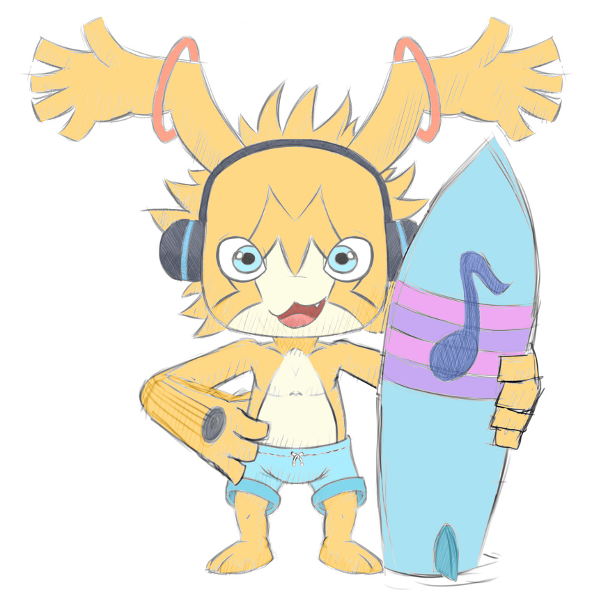 1:1 appmon_(species) bandai_namco beach bottomwear clothing digimon digimon_(species) hi_res kitsune2000 male musimon seaside shorts solo surfboard swimming swimming_trunks swimwear young