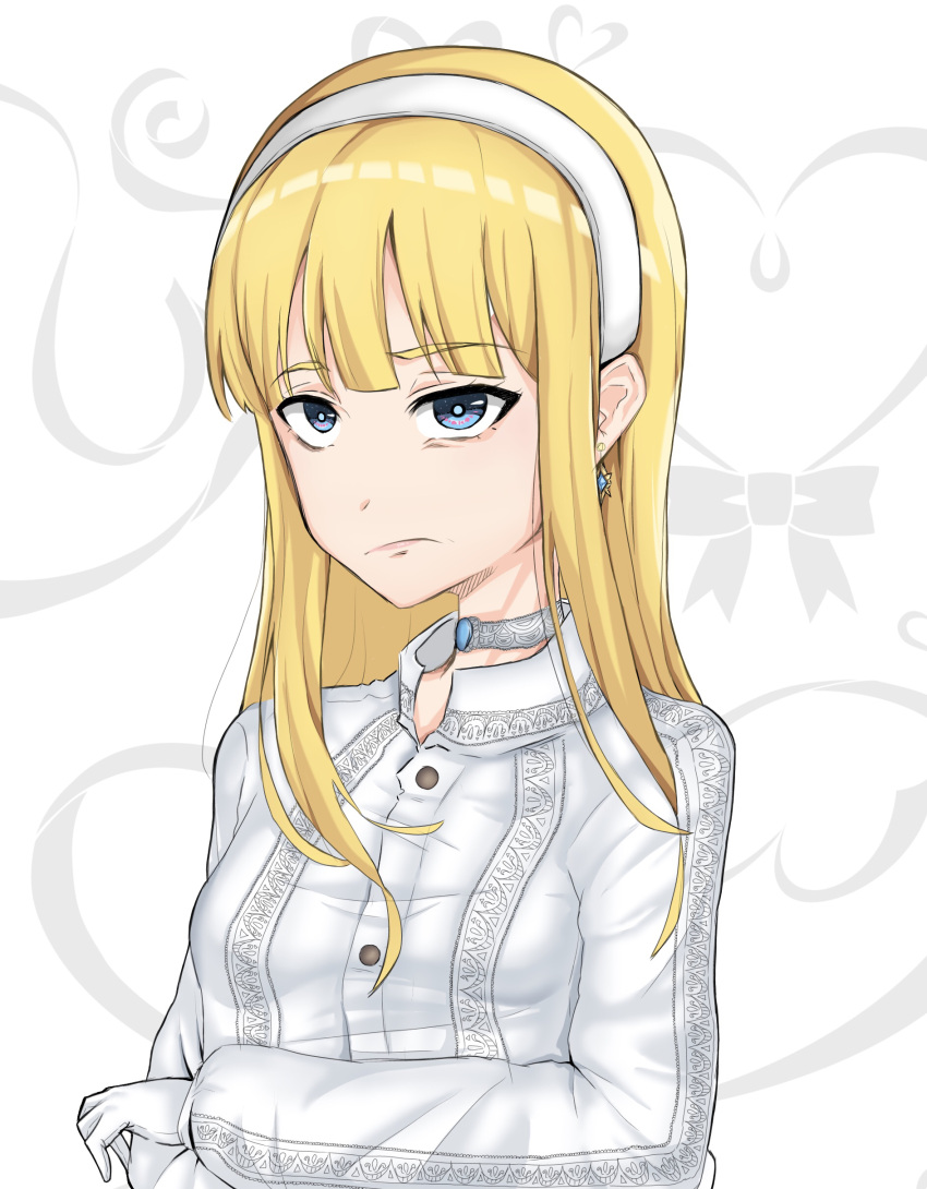 absurdres blonde_hair blue_eyes commentary_request earrings female headband highres hime_cut ignis_(artist) jewelry nagi_(ignis) original patterned_clothing pouty_lips self-upload shirt simple_background white_headband white_shirt