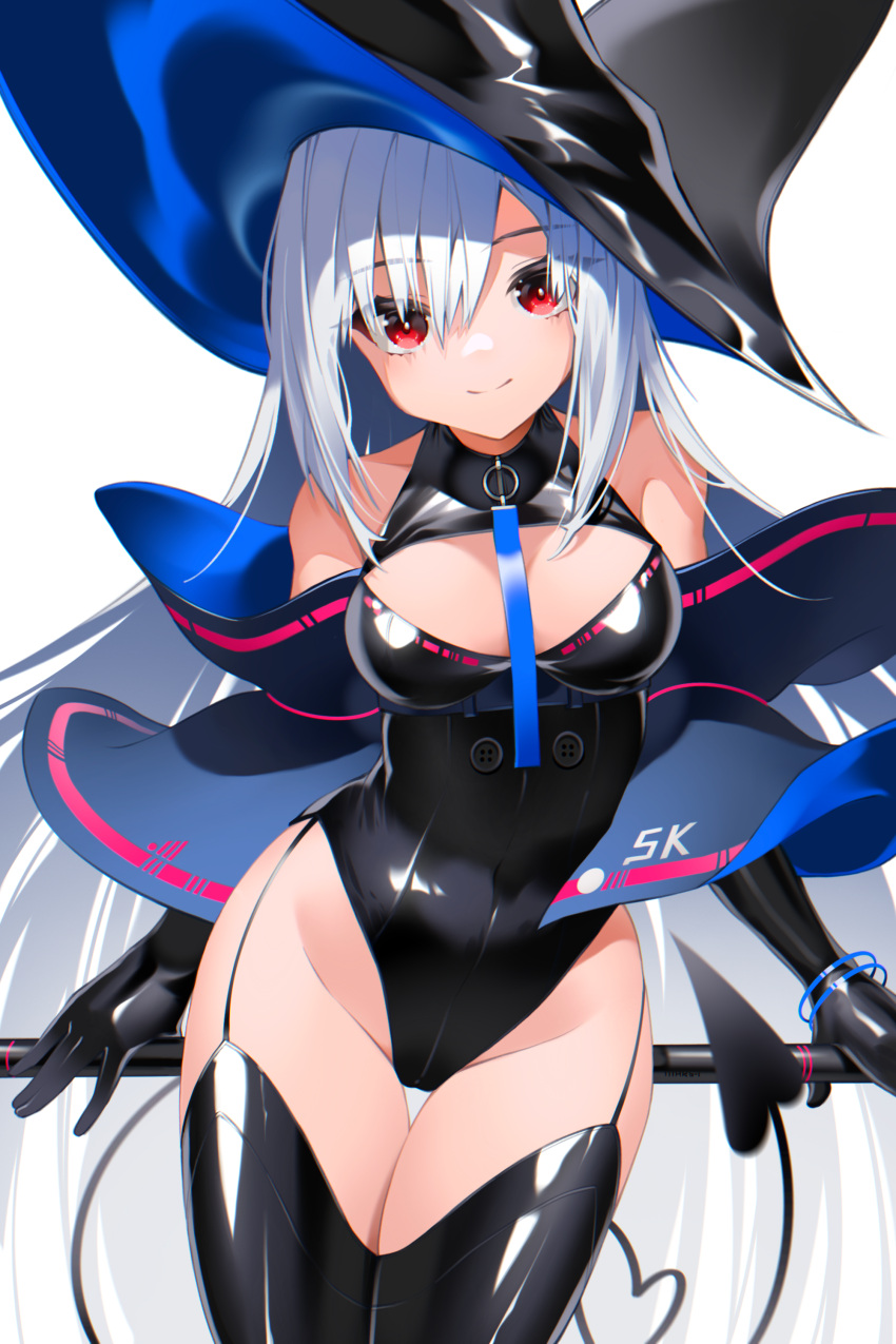 absurdres adapted_costume arknights bare_shoulders black_gloves black_hat black_leotard black_thighhighs blush bracelet breasts cleavage cleavage_cutout closed_mouth clothing_cutout commentary covered_navel cowboy_shot demon_tail detached_sleeves elbow_gloves female gloves grey_hair groin hat highres jewelry leotard long_hair long_sleeves looking_at_viewer medium_breasts red_eyes revision skadi_(arknights) smile solo tail thigh_gap thigh_strap thighhighs very_long_hair zhengqi_zhizi_sg