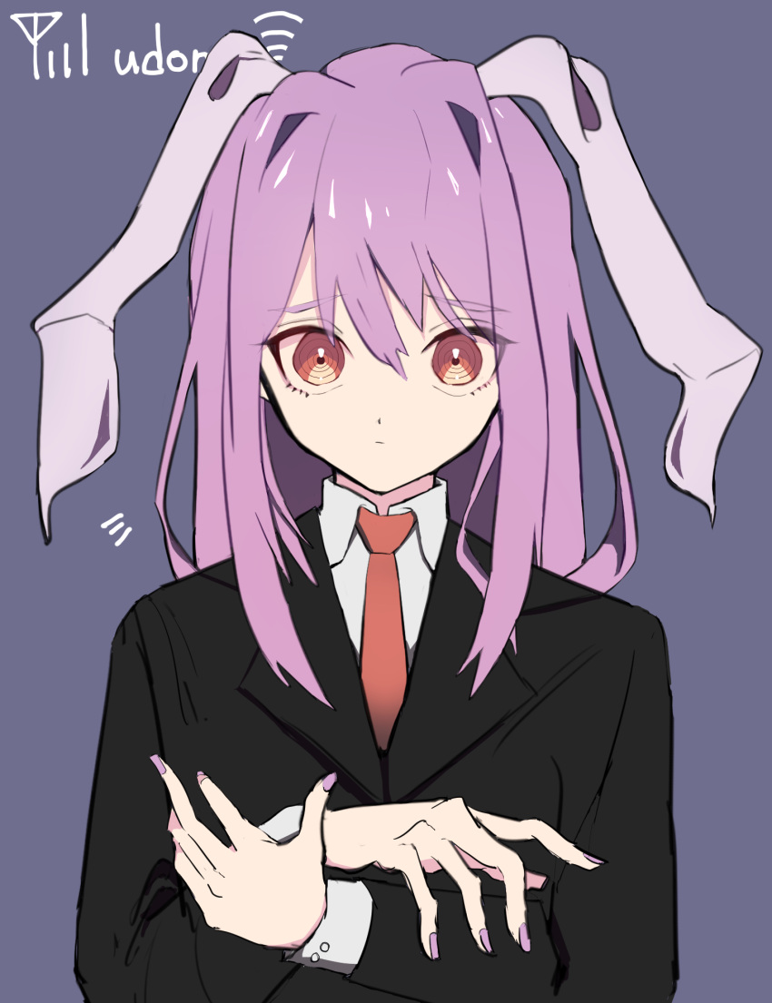 animal_ears black_jacket buttons collared_shirt crossed_arms female hair_between_eyes highres jacket long_hair mizoreshi nail_polish necktie orange_eyes purple_background purple_hair purple_nails rabbit_ears rabbit_girl red_eyes red_necktie reisen_udongein_inaba ringed_eyes shirt signal_bar simple_background solo touhou very_long_hair white_fur white_shirt