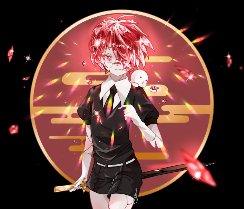 1boy artist_name bad_id bad_twitter_id black_background black_necktie black_shorts colored_skin commentary crystal_hair egasumi fukase gem_uniform_(houseki_no_kuni) gloves highres houseki_no_kuni male_focus necktie nu_nu_s2 parody point_(vocaloid) red_eyes red_hair shards shorts simple_background solo sword vocaloid weapon white_gloves white_skin