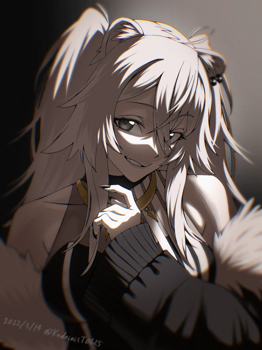 ahoge animal_ears bare_shoulders black_jacket black_shirt breasts cleavage commentary crop_top dated ear_piercing female fur-trimmed_jacket fur_trim grey_eyes grey_hair grin hair_between_eyes hand_up head_tilt highres hololive jacket jewelry kadainist large_breasts lion_ears lion_girl long_hair looking_at_viewer messy_hair necklace off_shoulder parted_lips piercing see-through see-through_cleavage shirt shishiro_botan shishiro_botan_(1st_costume) sidelocks signature sleeveless sleeveless_shirt smile solo twitter_username two_side_up virtual_youtuber