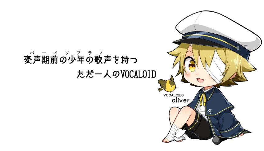 1boy bandage_over_one_eye bandaged_leg bandages bird black_shorts blonde_hair blue_capelet blue_jacket blush capelet character_name chibi commentary hat jacket james_(vocaloid) knees_up looking_at_viewer male_focus microphone minahoshi_taichi oliver_(vocaloid) open_mouth peaked_cap shirt shorts sitting smile translated vocaloid white_background white_shirt