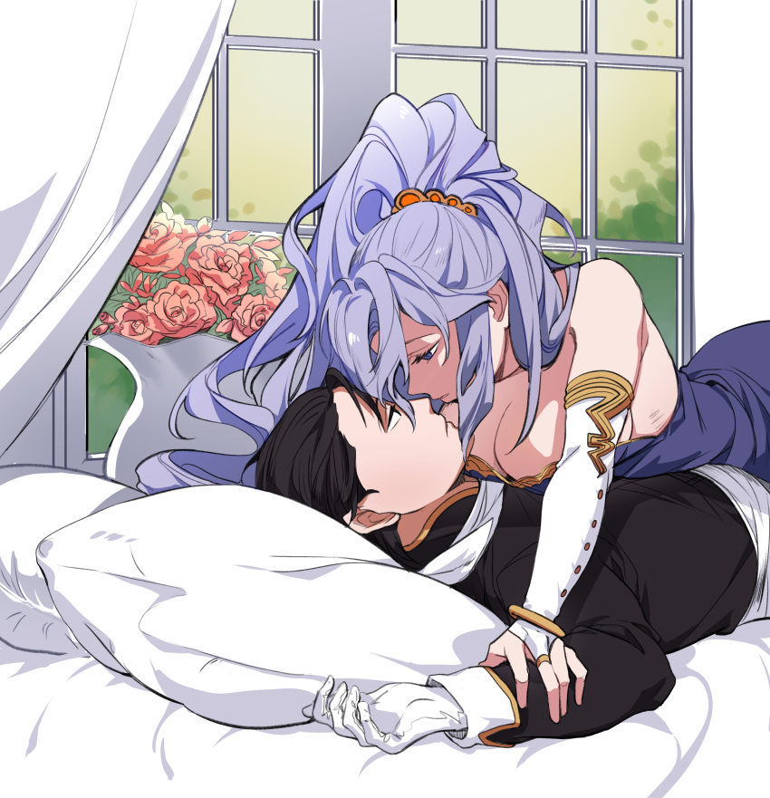 1boy absurdres ascot black_hair breasts bridal_gauntlets cowgirl_position curtains female fire_emblem fire_emblem:_genealogy_of_the_holy_war fire_emblem:_thracia_776 fire_emblem_heroes hair_ornament highres holding_hands imminent_kiss ishtar_(fire_emblem) jewelry looking_at_another necktie purple_hair reinhardt_(fire_emblem) shihoran source_request straight vase window