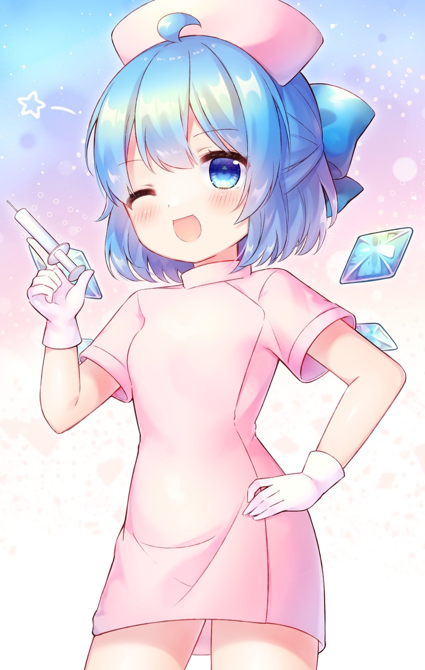 blue_bow blue_eyes blue_hair blush bow cirno coa_(chroo_x) cowboy_shot detached_wings fairy female gloves hair_between_eyes hairbow hat highres holding holding_syringe ice ice_wings nurse nurse_cap one_eye_closed open_mouth short_hair short_sleeves smile solo star_(symbol) syringe touhou white_gloves wings