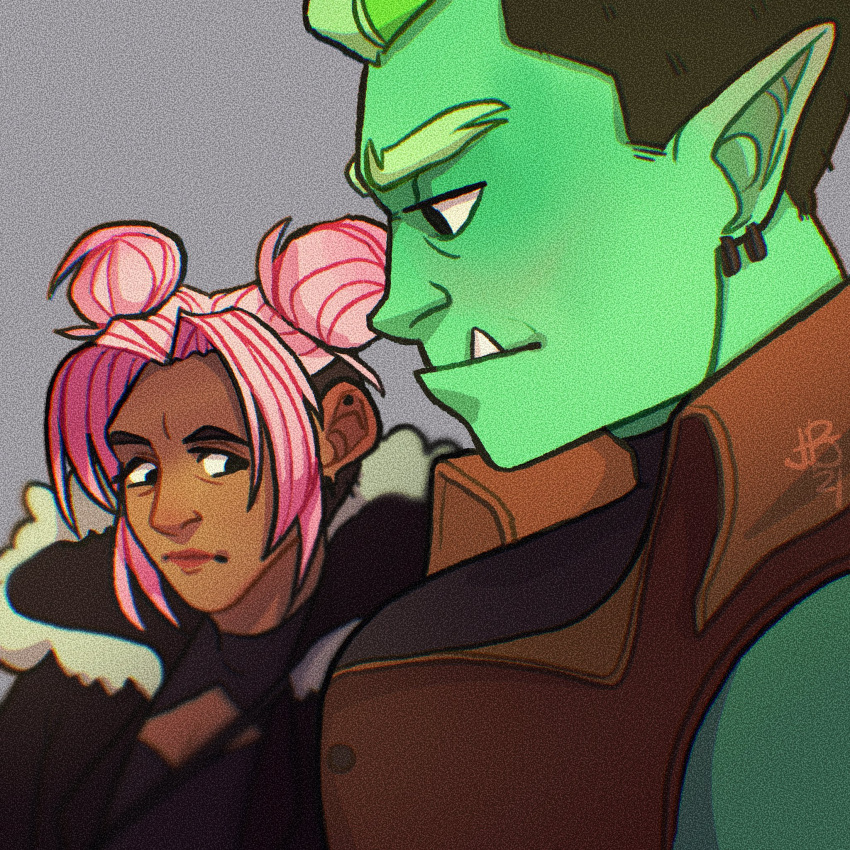 ambiguous_gender blonde_hair clothed clothing drawfee_(copyright) drawtectives duo fully_clothed girl_staring_at_man's_chest green_body green_skin gyorik_rogdul hair hair_bun hi_res human humanoid humanoid_pointy_ears mammal not_furry orc pink_hair rose_(drawtectives) sharp_teeth teeth underbite whtevrusaycappy