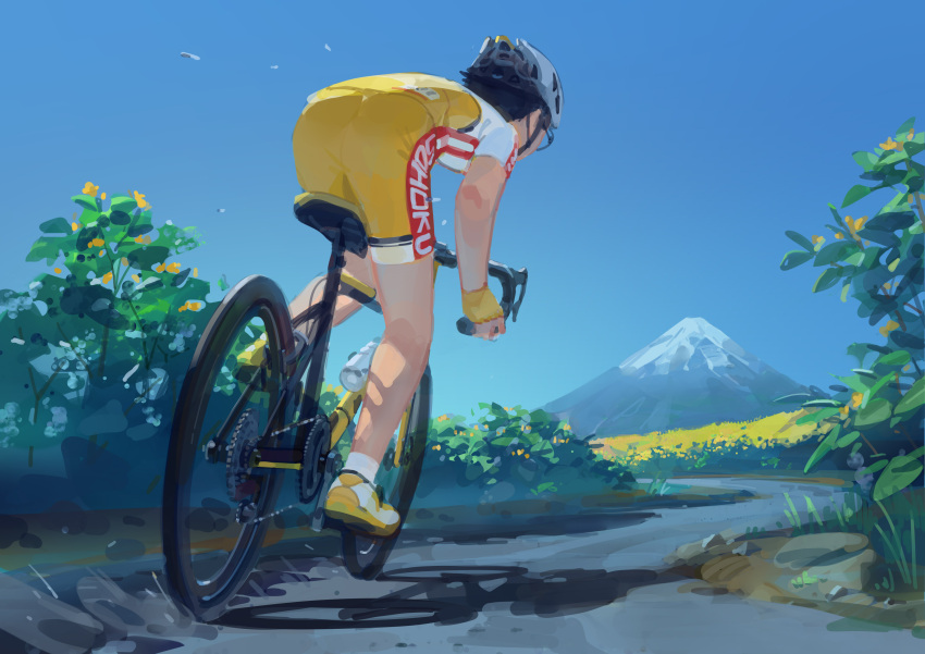 1boy absurdres bicycle bicycle_basket bicycle_helmet bike_jersey black_hair blue_sky cycling_uniform ddal fingerless_gloves flower full_body glasses gloves helmet highres male_focus mountainous_horizon onoda_sakamichi outdoors riding riding_bicycle sky yellow_flower yellow_footwear yowamushi_pedal