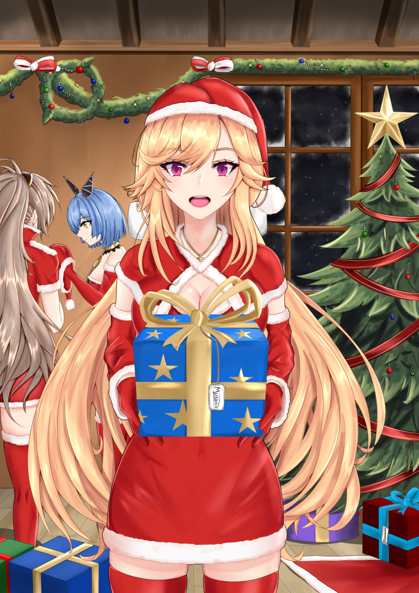 3girls absurdres alternate_costume arm_warmers azur_lane blonde_hair blue_hair box breasts brown_hair capelet christmas_tree christmas_wreath cleavage closed_mouth commentary_request covered_navel cross cross-shaped_pupils cross_necklace detached_collar detached_sleeves dress fur-trimmed_capelet fur-trimmed_dress fur-trimmed_headwear fur-trimmed_legwear fur-trimmed_sleeves fur_trim gascogne_(azur_lane) gift gift_box gloves gold_choker hair_between_eyes hair_ornament hat high_collar high_ponytail highres holding holding_gift indoors jean_bart_(azur_lane) jewelry large_breasts long_hair long_sleeves looking_at_viewer mechanical_ears multicolored_hair multiple_girls musanix necklace night no_halo open_mouth ponytail purple_eyes red_capelet red_gloves red_thighhighs richelieu_(azur_lane) santa_costume santa_hat short_dress short_hair short_sleeves sidelocks skindentation sleeveless sleeveless_dress snowing standing star_(symbol) star_print strapless strapless_dress streaked_hair symbol-shaped_pupils thighhighs thighs very_long_hair window wooden_floor wreath yellow_eyes