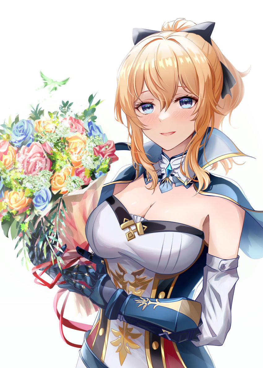 absurdres black_bow blonde_hair blue_eyes blush bouquet bow breasts capelet cleavage crystalfly_(genshin_impact) detached_collar detached_sleeves female flower gauntlets genshin_impact hairbow highres holding holding_bouquet jean_(genshin_impact) looking_at_viewer medium_breasts mon-chan open_mouth ponytail rose sidelocks simple_background smile solo upper_body vambraces white_background