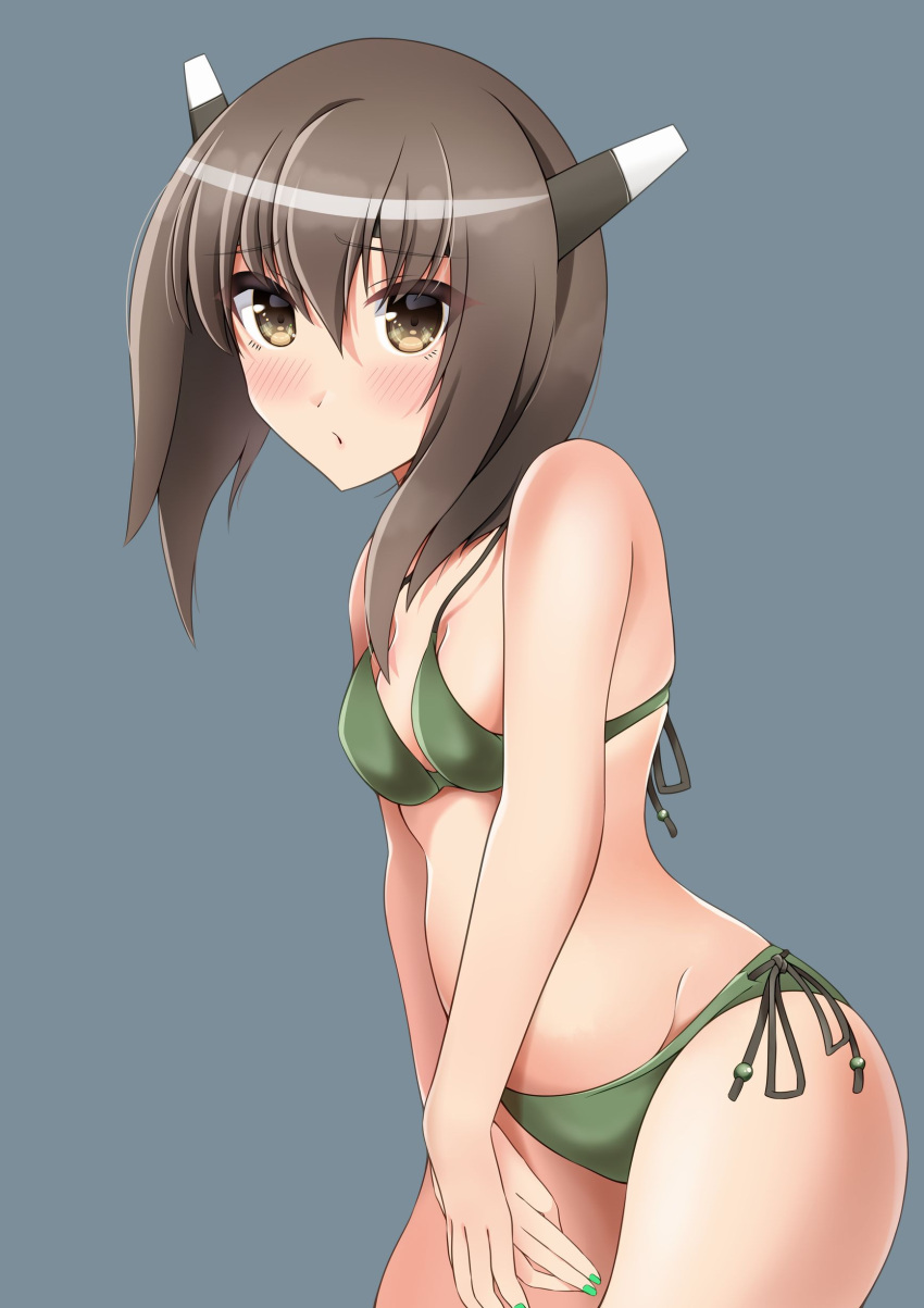 absurdres alternate_costume bikini breasts brown_eyes brown_hair female green_bikini green_nails grey_background headgear highres kantai_collection otobi short_hair side-tie_bikini_bottom simple_background small_breasts solo swimsuit taihou_(kancolle)