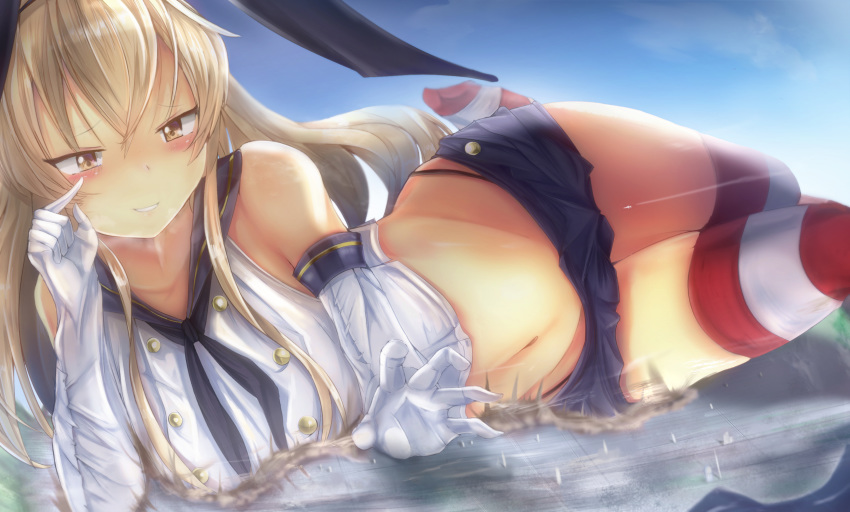 aircraft airplane alicemagic bad_id bad_pixiv_id bare_shoulders black_headband black_neckerchief black_panties blonde_hair blue_sky blush breasts brown_eyes buttons collarbone crop_top elbow_gloves female finger_to_face giant giantess gloves groin hair_between_eyes hair_ornament hairband half-closed_eyes headband heavy_breathing highleg highleg_panties highres kantai_collection long_hair lying miniskirt navel neckerchief on_side panties parted_lips reaching reaching_towards_viewer sailor_collar school_uniform serafuku shimakaze_(kancolle) sidelocks skindentation skirt sky smile solo stomach striped_clothes striped_thighhighs thighhighs thighs underwear white_gloves