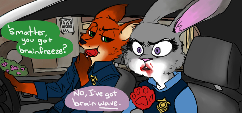 2016 anthro buckteeth canid canine car clothing dialogue disney duo eating english_text female food fox fur green_eyes grey_body grey_fur hot_fuzz inside_car judy_hopps lagomorph leporid long_ears male mammal nick_wilde orange_body orange_fur pawpsicle police police_uniform popsicle purple_eyes rabbit red_body red_fox red_fur teeth text true_fox uniform unknown_artist vehicle zootopia