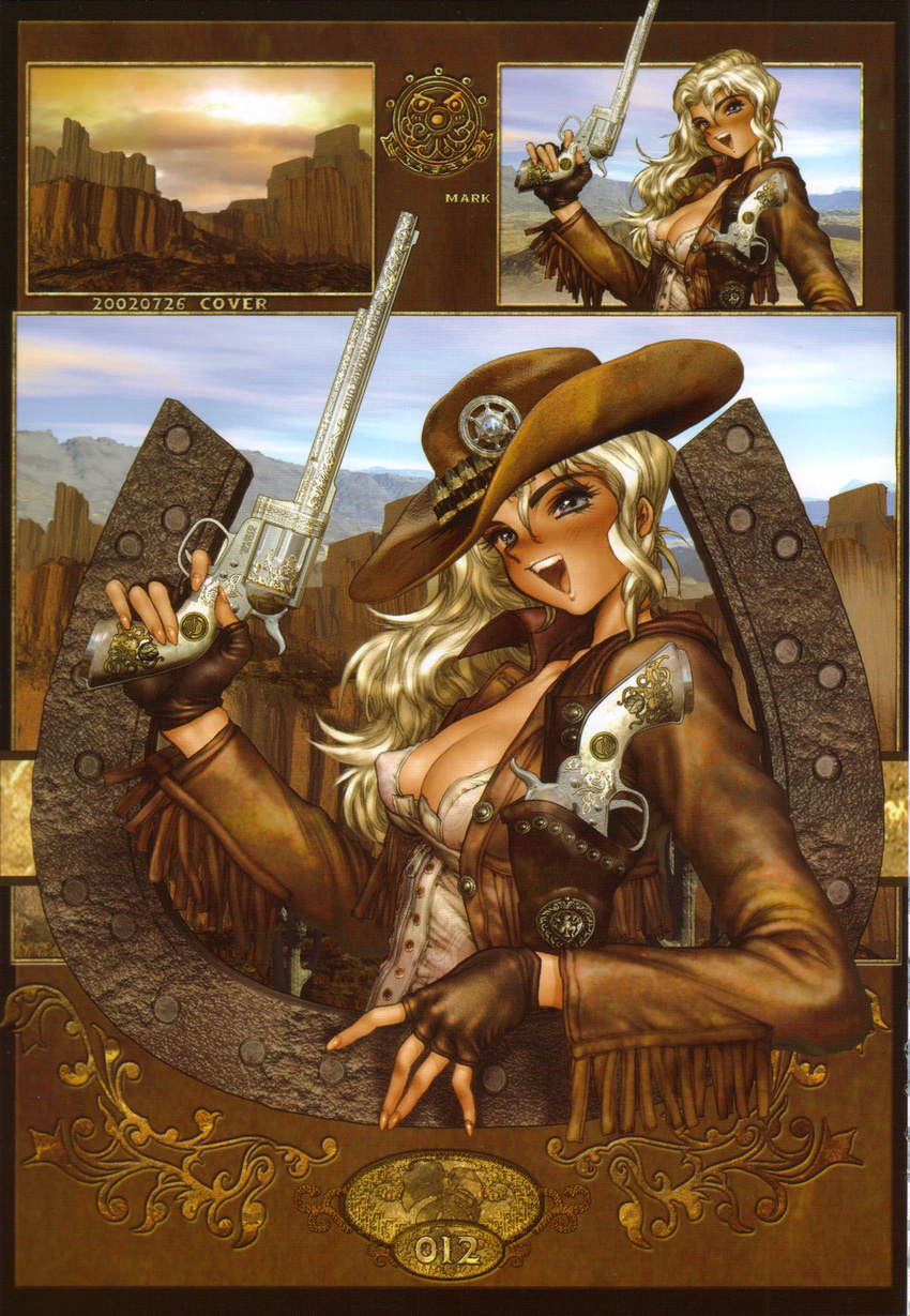 blonde_hair breasts cowboy_hat cowboy_western engraved female fingerless_gloves gloves gun handgun hat highres juliona_trans large_breasts long_hair looking_at_viewer multiple_views open_mouth photoshop_(medium) revolver shirow_masamune variations weapon wild_wet_west