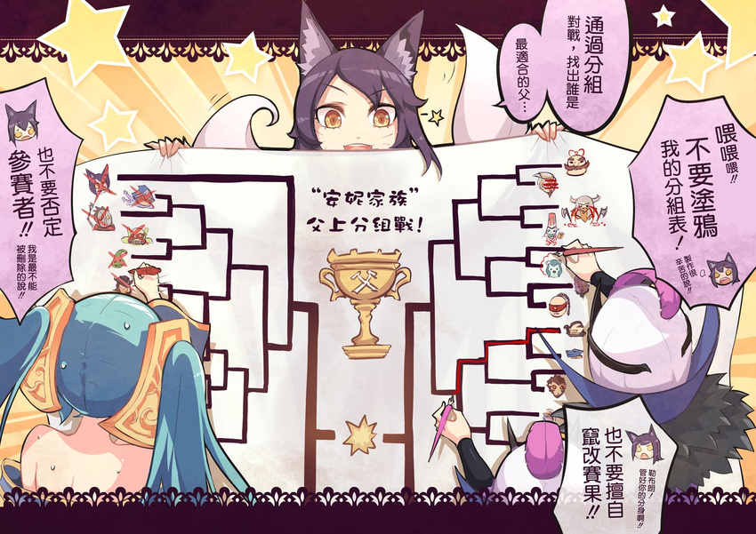 3girls :3 ahri_(league_of_legends) alternate_costume animal_ears aqua_hair artistic_error axe beancurd black_hair braid braum_(league_of_legends) brown_hair chinese_commentary chinese_text clone commentary dress facial_hair fangs feathers fox_ears fox_tail gameplay_mechanics graffiti hair_ornament hat helmet hood karthus league_of_legends leblanc_(league_of_legends) lee_sin marker master_yi monkey moustache multiple_girls multiple_tails nib_pen_(object) olaf_(league_of_legends) open_mouth pen ryze skull_and_crossbones sona_(league_of_legends) star_(symbol) strapless strapless_dress swain_(league_of_legends) swain_(legacy) sweat tail talon_(league_of_legends) tournament_bracket traditional_chinese_text translated trophy twintails twisted_fate urgot varus viktor_(league_of_legends) volibear warwick wavy_mouth weapon werewolf white_hair wukong_(league_of_legends) yellow_eyes zac_(league_of_legends)