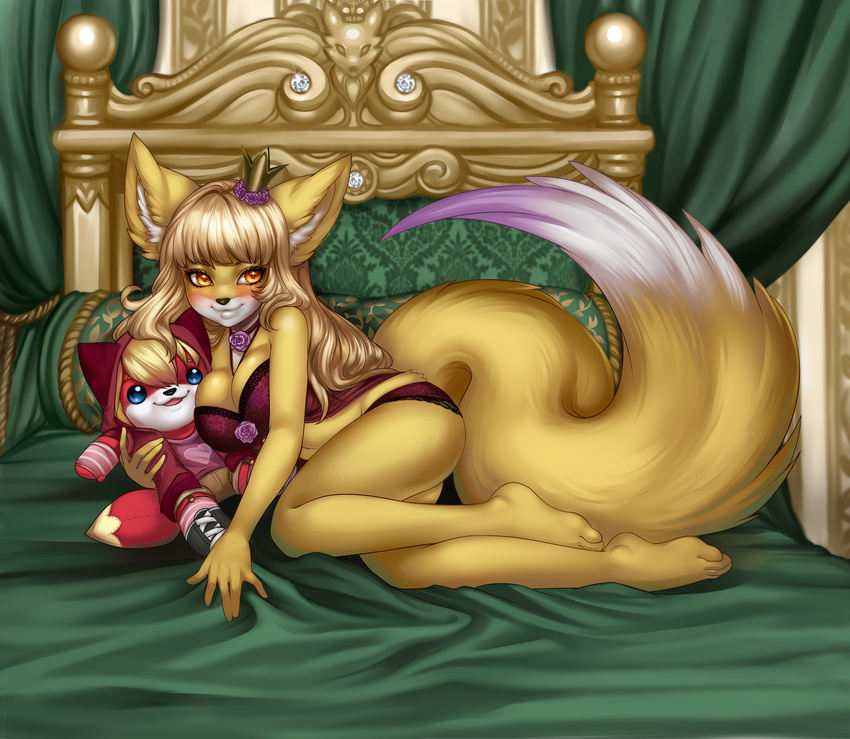 absurd_res anthro bed blonde_hair blush bra breasts canid canine cleavage clothed clothing crown dipstick_tail doll female fluffy fluffy_tail fox furniture hair headgear hi_res inner_ear_fluff looking_at_viewer lying mammal markings multicolored_tail on_bed on_side panties pollo-chan skimpy smile solo tail tail_markings tuft two_tone_tail underwear