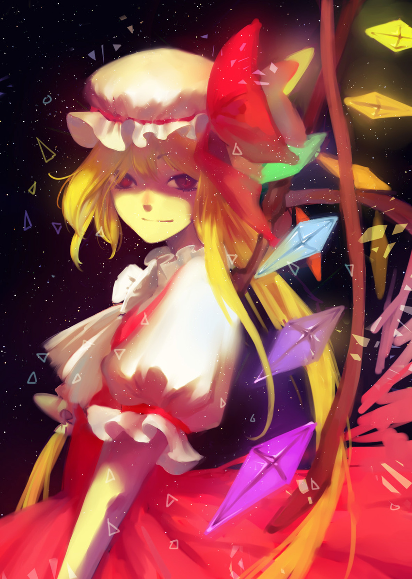 ascot blonde_hair bow commentary crystal female flandre_scarlet hat hat_bow hat_ribbon highres mob_cap photoshop_(medium) puffy_short_sleeves puffy_sleeves red_eyes ribbon short_sleeves side_ponytail skirt skirt_set smile solo star_(symbol) starry_background symbol-only_commentary touhou wei_li wings wrist_cuffs