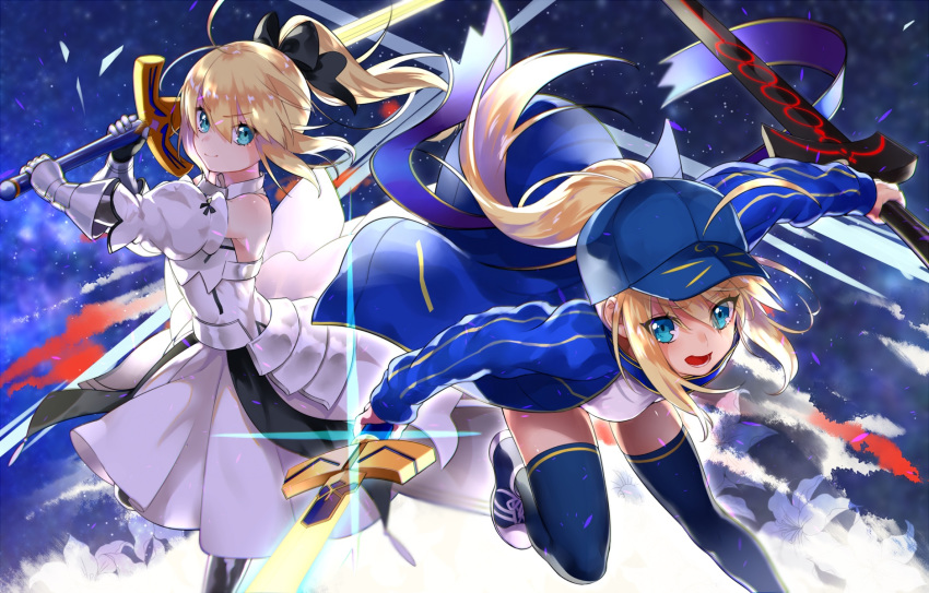 2girls ahoge armor armored_dress artoria_pendragon_(fate) bent_over black_bow blonde_hair blue_eyes blue_hat blue_jacket blue_thighhighs bow breastplate commentary_request dress dual_wielding excalibur_(fate/stay_night) excalibur_morgan_(fate) fate/grand_order fate_(series) floating_hair gauntlets gen_(gen_m_gen) hairbow hat highres holding holding_sword holding_weapon jacket looking_at_viewer multiple_girls mysterious_heroine_x_(fate) open_clothes open_jacket ponytail saber_lily shiny_skin shirt sidelocks sleeveless sleeveless_dress sword thighhighs weapon white_dress white_shirt