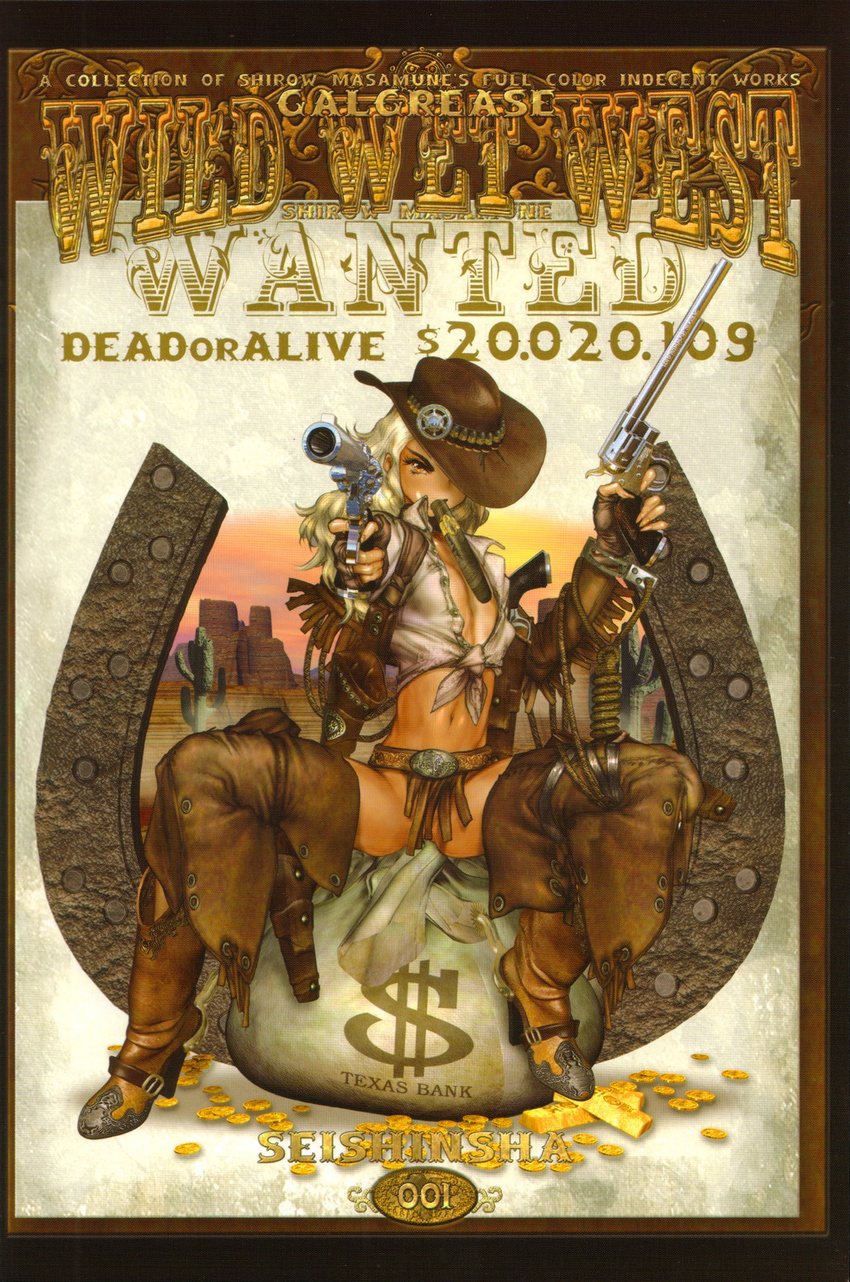 blonde_hair boots breasts cigar cover cover_page cowboy_boots cowboy_hat cowboy_western dual_wielding female fingerless_gloves gloves gun handgun hat highres holding juliona_trans looking_at_viewer navel photoshop_(medium) revolver shirow_masamune small_breasts solo weapon wild_wet_west