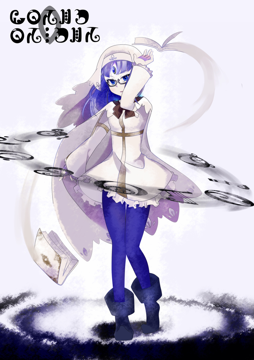 bad_id bad_pixiv_id blue_eyes blue_hair boots bow cape capelet dress female glasses highres jinri long_hair magical_girl mahou_shoujo_kazumi_magica mahou_shoujo_madoka_magica misaki_umika pantyhose solo veil