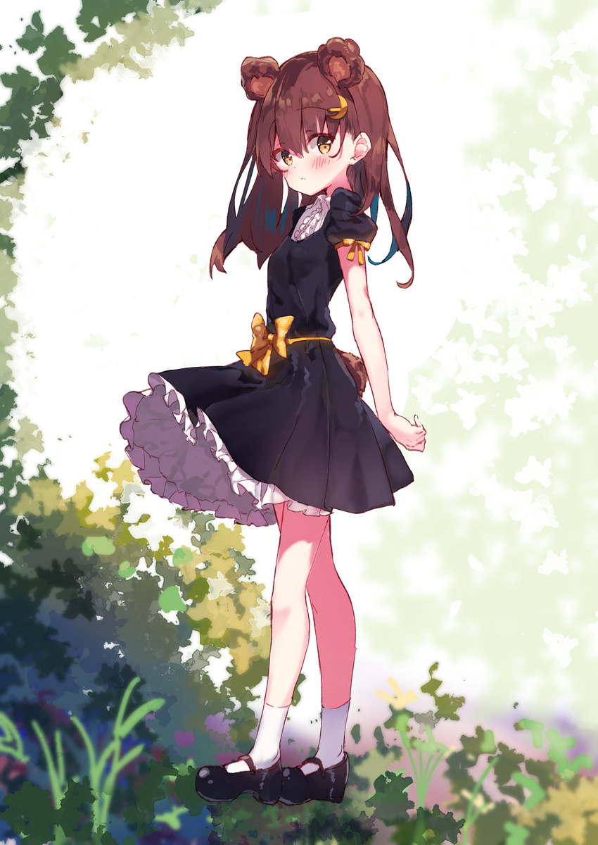 animal_ears arms_behind_back bear_ears bear_girl bear_tail black_dress blush brown_eyes brown_hair commentary_request dress female highres long_hair makiaato mary_janes nature original outdoors shoes short_tail socks solo tail