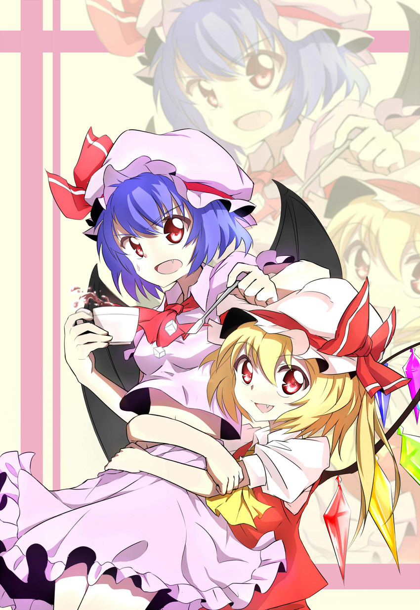 2girls absurdres ascot bat_wings blonde_hair blue_hair border breasts caibao_return commentary cup flandre_scarlet hat hat_ribbon highres lifting_person looking_at_viewer midriff mob_cap multiple_girls oerba_yun_fang open_mouth red_eyes remilia_scarlet ribbon short_hair siblings side_ponytail sisters skirt skirt_set small_breasts spilling spoon sugar_cube teacup touhou wings zoom_layer