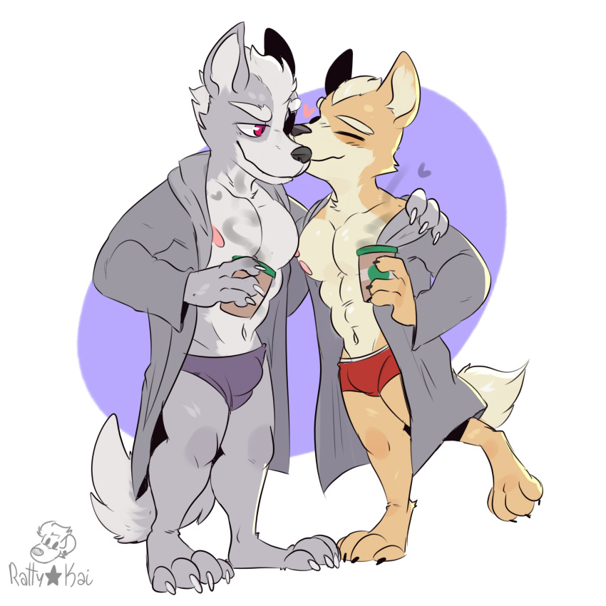 1:1 abs absurd_res anthro arm_around_shoulders beverage boxers_(clothing) bulge canid canine canis clothing coffee duo fox fox_mccloud heart_symbol hi_res hug kissing male male/male mammal mostly_nude muscular muscular_male nintendo nipples pecs rattykai star_fox underwear wolf wolf_o'donnell