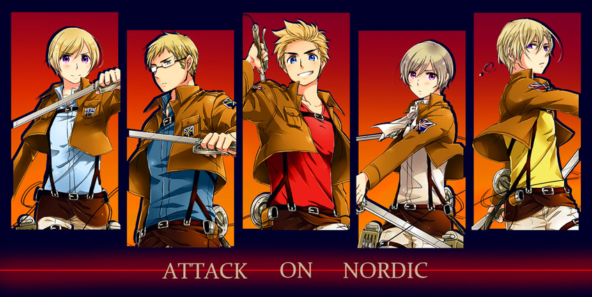 5boys ahoge axis_powers_hetalia blonde_hair blue_eyes blush commentary_request denmark_(hetalia) emblem finland_(hetalia) glasses grin hair_ornament hairclip iceland_(hetalia) kitou-daidai- male_focus multiple_boys norway_(hetalia) paradis_military_uniform photoshop_(medium) purple_eyes shingeki_no_kyojin smile sweden_(hetalia) three-dimensional_maneuver_gear training_corps_(emblem) uniform