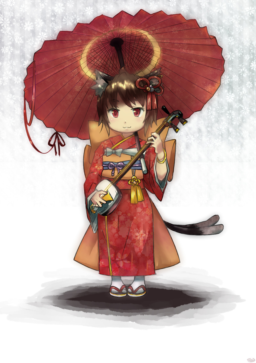 :3 absurdres alternate_costume animal_ears bachi bracelet brown_hair cat_ears cat_tail chen commentary_request female floral_background floral_print full_body gradient_background hair_ornament highres instrument japanese_clothes jewelry kimono long_sleeves looking_at_viewer multiple_tails obi oil-paper_umbrella plectrum pmx red_eyes sandals sash shamisen short_hair solo tail touhou umbrella