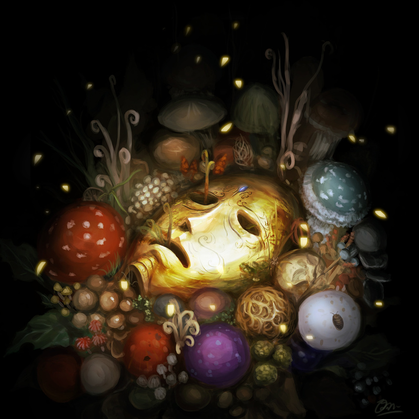 bug commentary_request fantasy fern highres jewelry ma mask mushroom no_humans original photoshop_(medium) shiki_makoto still_life