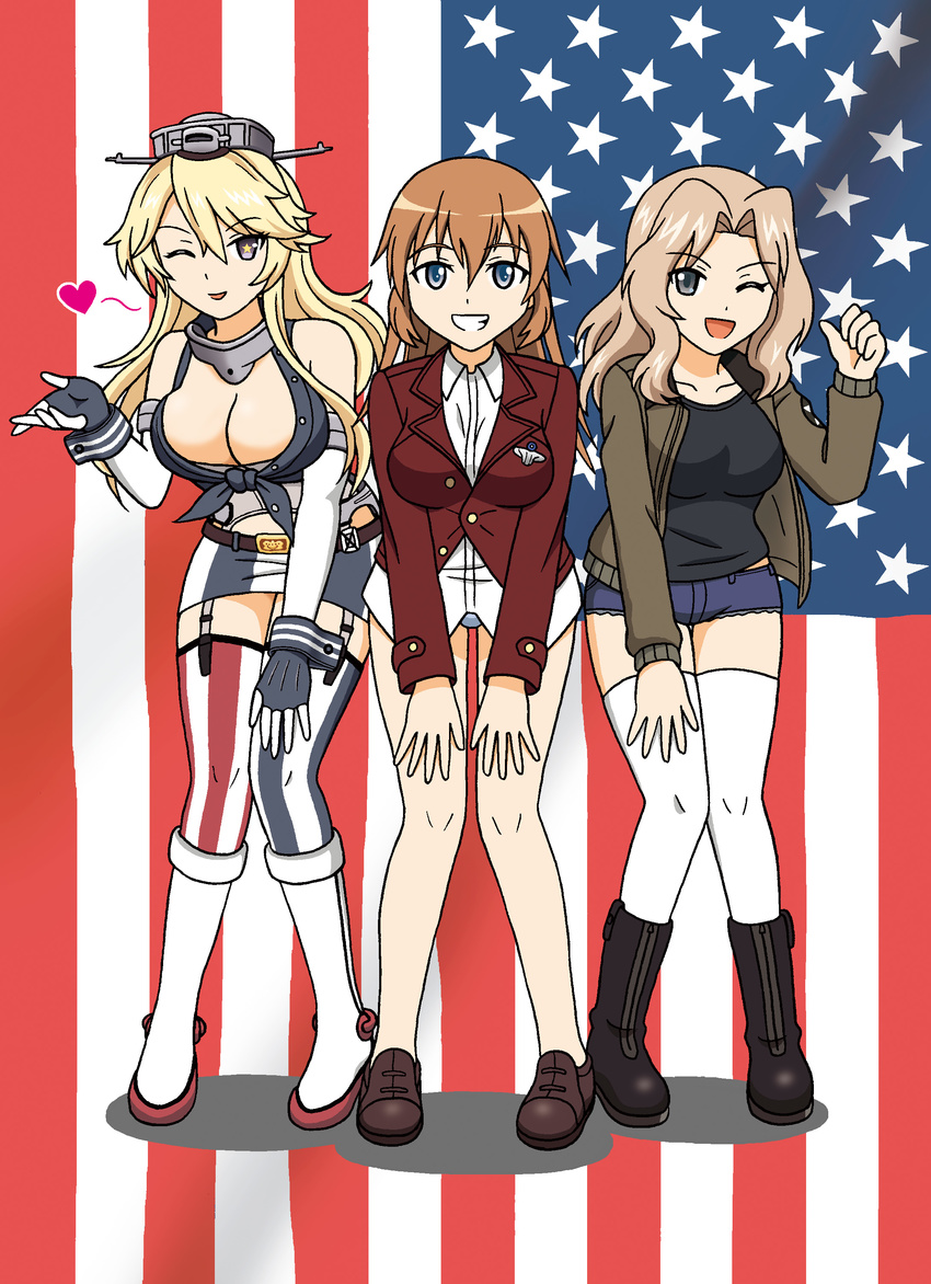 3girls :d ;d absurdres american_flag asymmetrical_legwear blonde_hair blue_eyes boots breasts brown_hair charlotte_e._yeager cleavage commentary country_connection crossover detached_sleeves fingerless_gloves flag_background garter_straps girls_und_panzer gloves grey_eyes grin headgear heart highres hoshino_banchou iowa_(kancolle) kantai_collection kay_(girls_und_panzer) knee_boots large_breasts leaning_forward long_hair looking_at_viewer military military_uniform miniskirt mismatched_legwear multiple_crossover multiple_girls one_eye_closed open_mouth panties photoshop_(medium) saunders_military_uniform short_shorts shorts skirt smile star-shaped_pupils star_(symbol) strike_witches striped symbol-shaped_pupils thighhighs thumbs_up trait_connection underwear uniform united_states vertical_stripes white_footwear white_thighhighs world_witches_series zettai_ryouiki