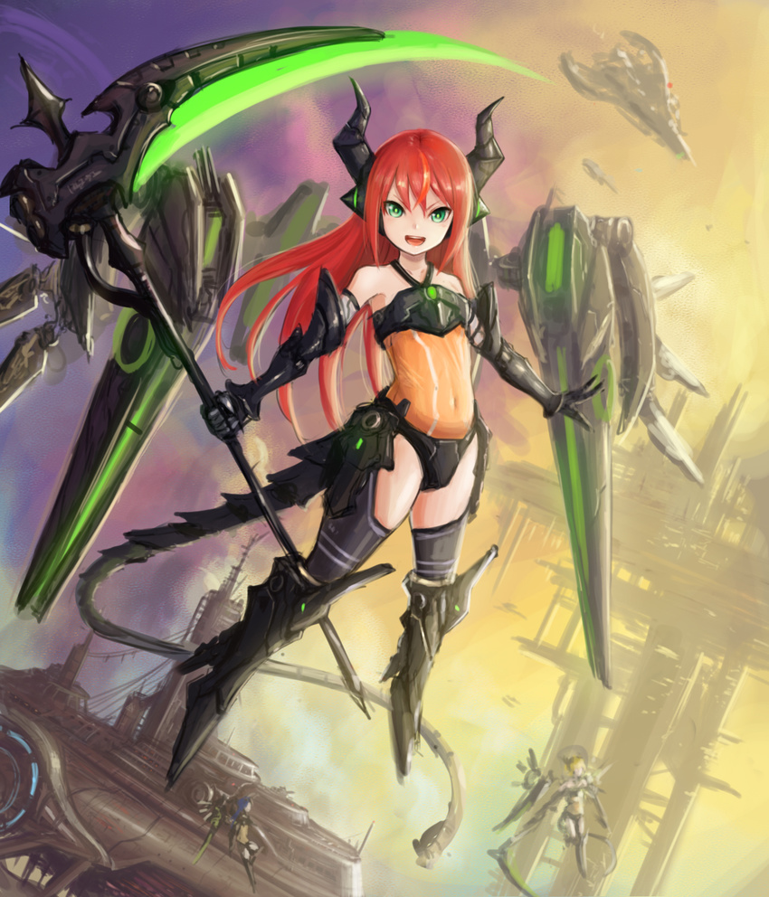 :d bare_shoulders cloud commentary covered_navel female floating full_body gauntlets green_eyes highres holding holding_weapon horns kai_(ootamuno12) long_hair looking_at_viewer mecha_musume mechanical_tail midriff open_mouth original outstretched_arms photoshop_(medium) red_hair science_fiction scythe see-through smile solo_focus spacecraft striker_unit tail v-shaped_eyebrows weapon