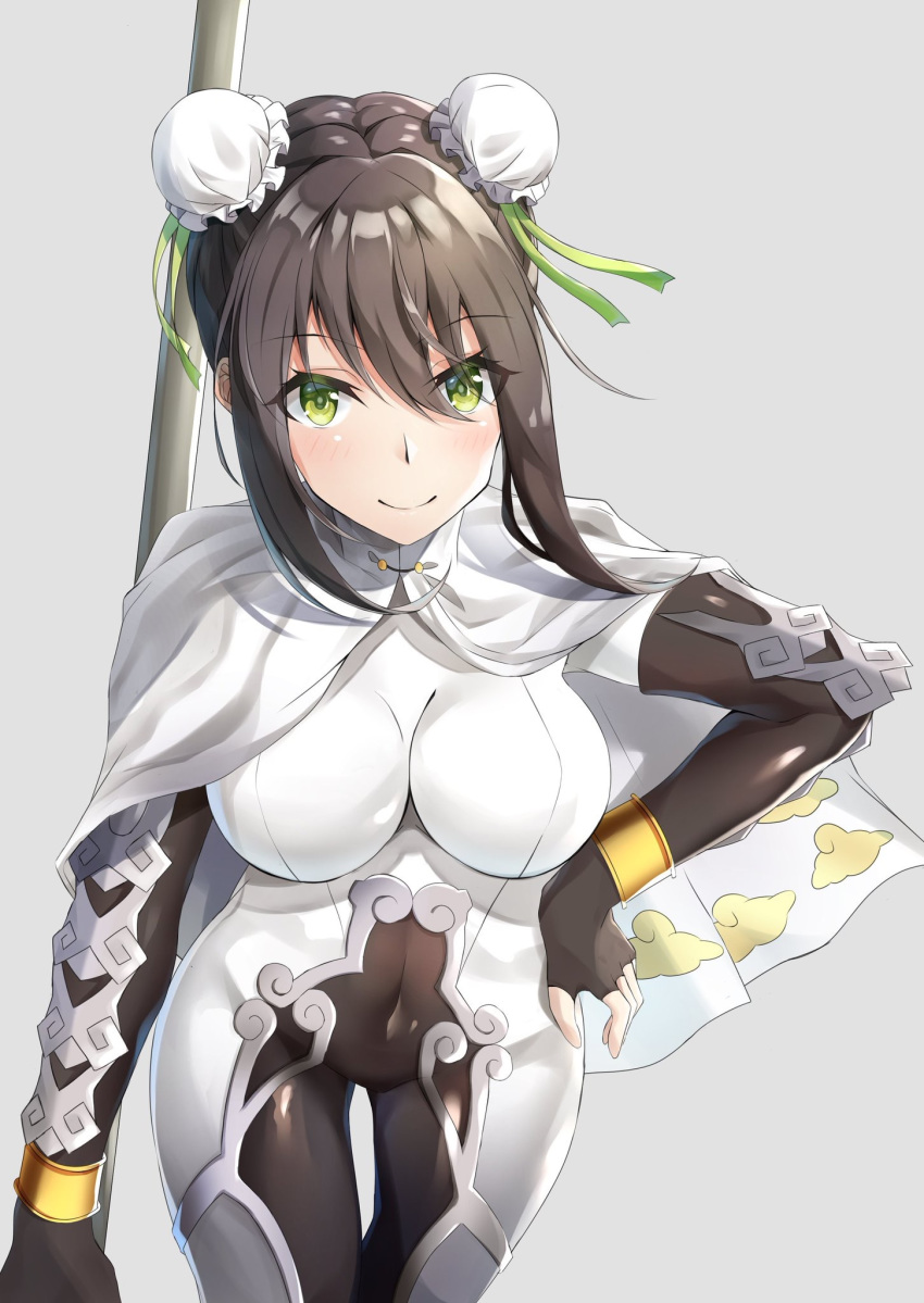 atora bad_id bad_pixiv_id black_hair blush bodysuit breasts bun_cover cape chinese_clothes commentary_request covered_navel double_bun fate/grand_order fate_(series) female fingerless_gloves gloves green_eyes hair_between_eyes hair_bun highres looking_at_viewer medium_breasts pantyhose polearm qin_liangyu_(fate) solo weapon