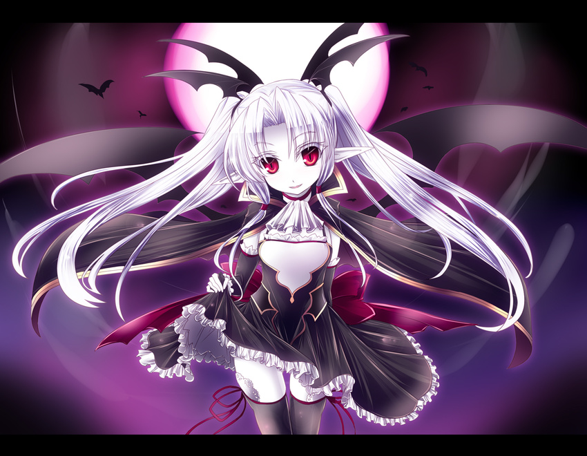 arm_behind_back ascot black_thighhighs bow cape clothes_lift colored_skin commentary_request dress dress_lift eden_(sennen_sensou_aigis) elbow_gloves female frilled_dress frills gloves head_tilt hisui_(syarute) letterboxed long_hair night open_mouth photoshop_(medium) pointy_ears red_eyes sennen_sensou_aigis slit_pupils smile solo thighhighs twintails vampire white_hair white_skin