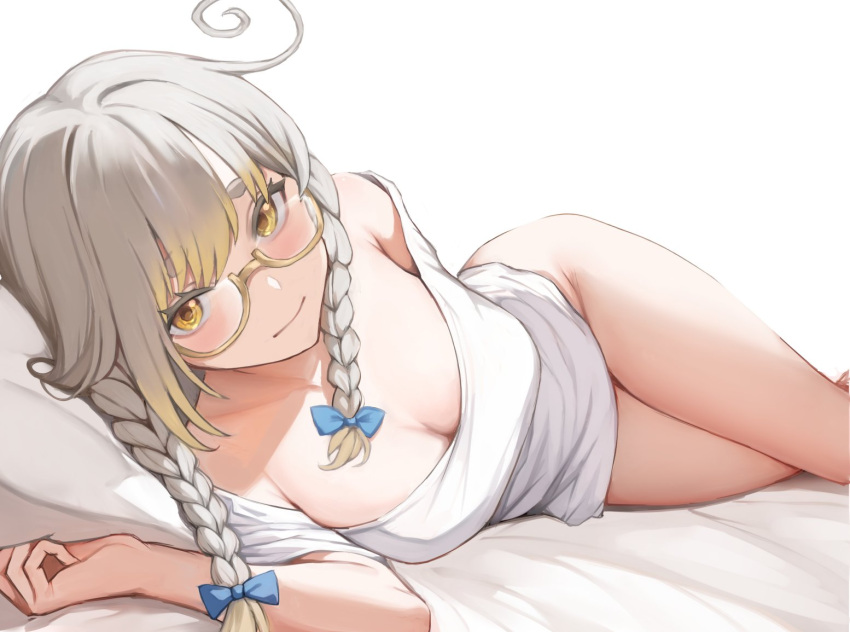 blonde_hair blue_bow bow braid breasts cleavage closed_mouth collarbone colored_tips female grey_hair hairbow kanna_yanagi long_hair lying multicolored_hair naked_shirt off_shoulder on_side pillow pixellink semi-rimless_eyewear shirt solo torisanff14 twin_braids virtual_youtuber white_shirt yellow_eyes