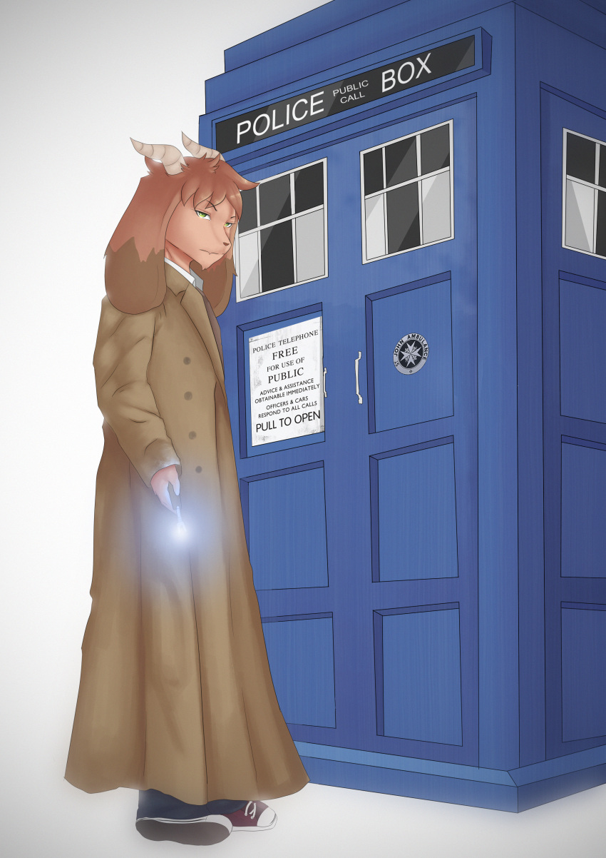 absurd_res anthro bovid british_broadcasting_corporation caprine clothing coat david_tennant doctor_who footwear goat hi_res jakinsstudio male mammal police_box shoes sneakers sonic_screwdriver tardis_(doctor_who) topwear trenchcoat