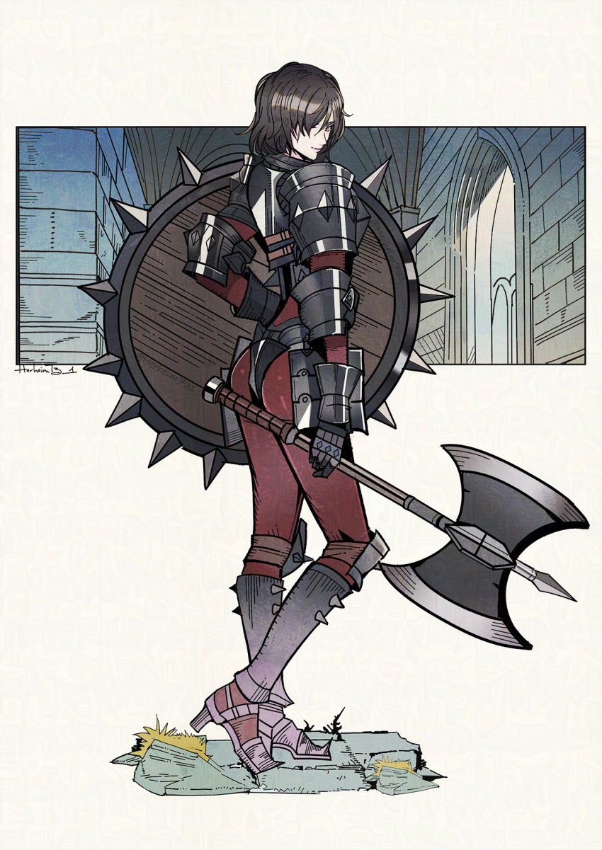 armor ass axe battle_axe berengaria_(unicorn_overlord) black_armor black_hair bodysuit brown_bodysuit closed_mouth commentary english_commentary female from_behind full_body gauntlets hair_over_one_eye herheim highres holding holding_axe holding_weapon lips long_hair looking_at_viewer one_eye_covered pauldrons pink_lips shoulder_armor smile solo unicorn_overlord weapon